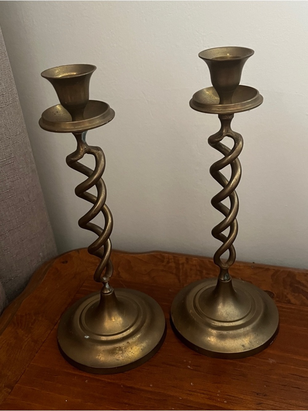 Vintage Pair of Brass Candlesticks Open Barley Twist Spiral 10.25“ Tall MCM mid